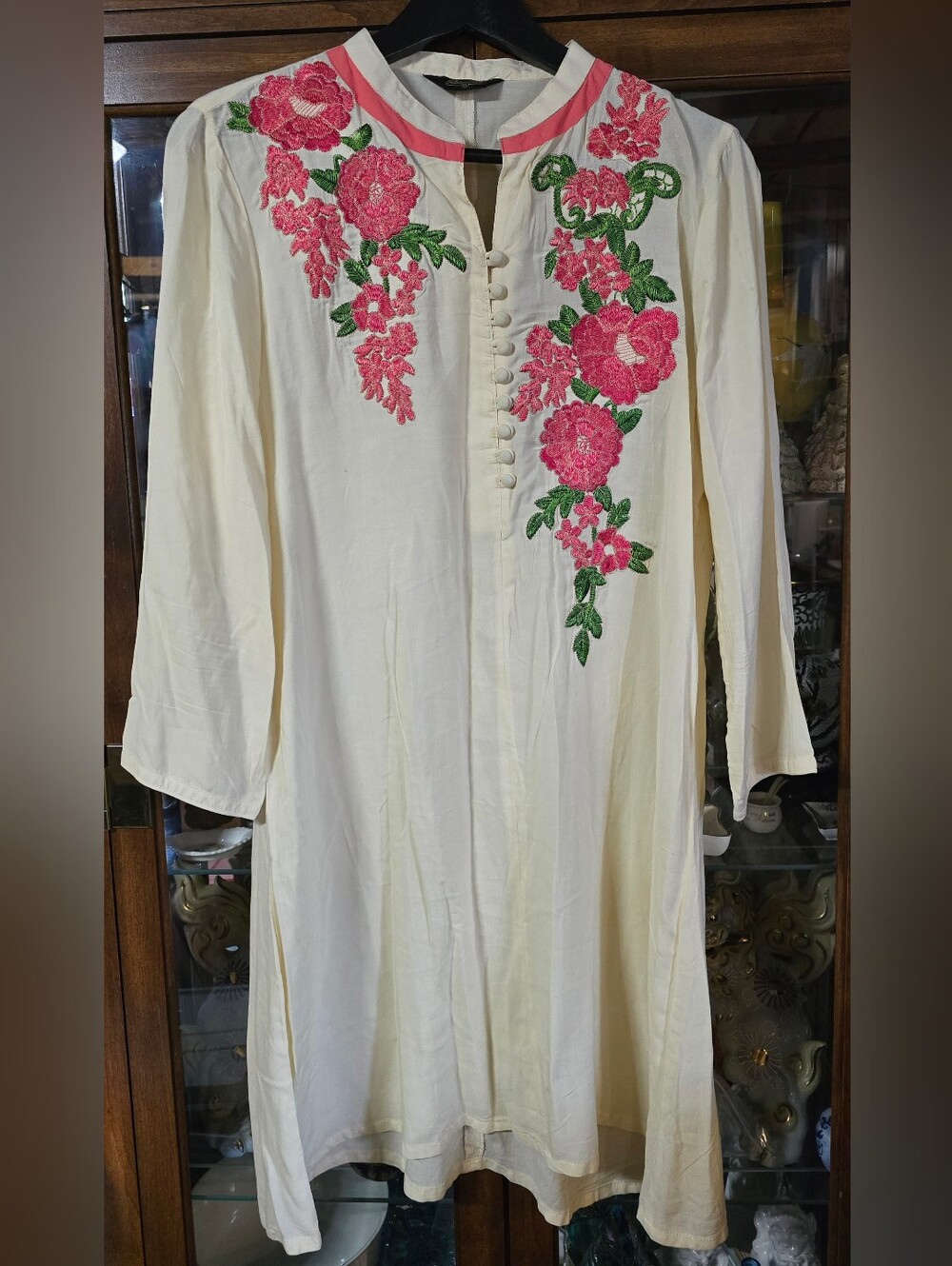 Yellow Ethnic Ivory Pink Floral Embroidered Kurti Tunic Dress